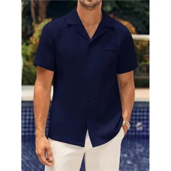 New Mens Waffle Button Down Shirt Navy Blue Cuban Short Sleeve Loose Fit Top - Picture 1 of 6